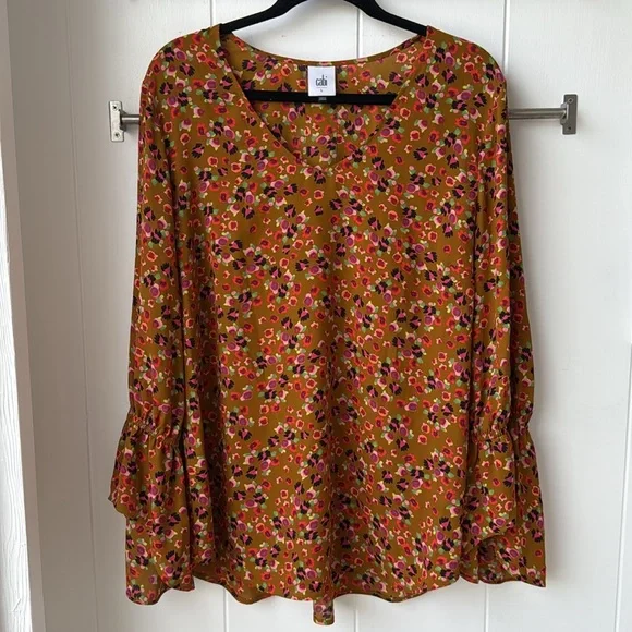Cabi Burnished Blouse Autumn Floral Brown Orange Blouse Top Bell Sleeve 4042 - Picture 3 of 7